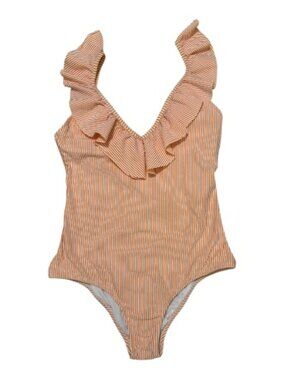 Jessica Simpson Tangerine Orange White One Piece Swimsuit Womens L Ruffle Stripe